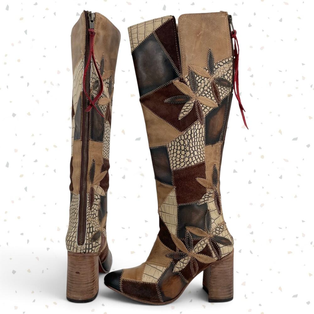 Freebird by Steven Juno Patchwork Knee High Leather Boots Fall Boho Style Size 7